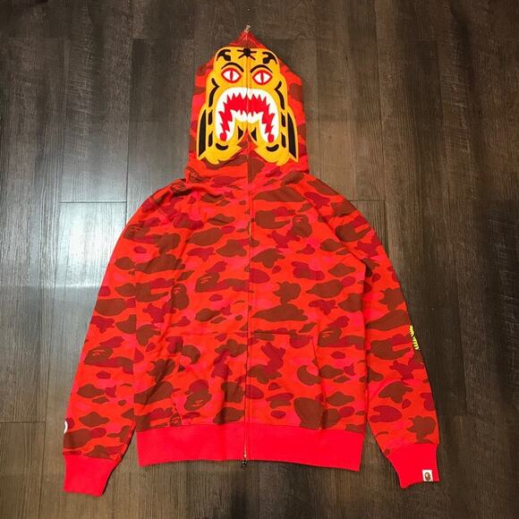 Bape Men's & Women's Red camo tiger full zip hoodie